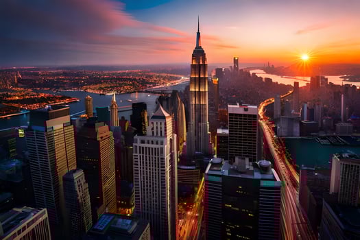 the sun sets over the city skyline in new york. AI-Generated photo