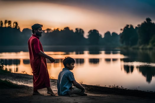a man and boy sitting on the shore of a lake at sunset. AI-Generated photo