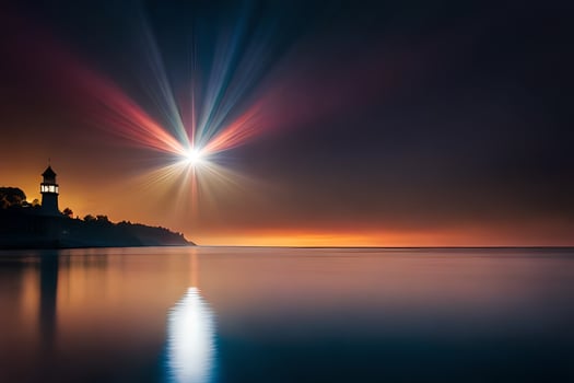 a lighthouse is seen in the distance at night. AI-Generated photo