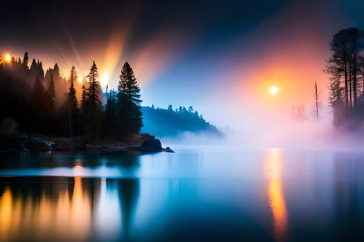 a beautiful sunset over a lake with trees and water. AI-Generated photo