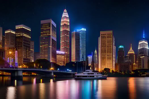 the city skyline at night with lights reflecting off the water. AI-Generated photo