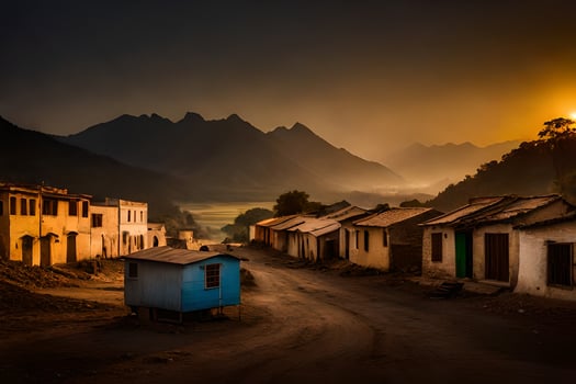 a village at sunset with mountains in the background. AI-Generated photo