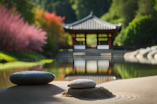 two stones sit on the sand near a pond and a pagoda. AI-Generated photo