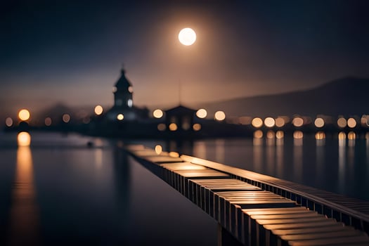 a pier with a lighthouse in the background at night. AI-Generated photo