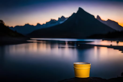 a yellow cup sits on the edge of a rock overlooking a lake. AI-Generated photo