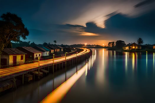 photo wallpaper the sky, night, river, bridge, house, house, the moon, the. AI-Generated