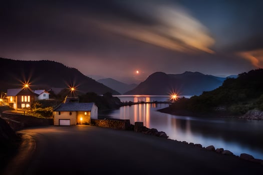 photo wallpaper the sky, night, moon, water, house, road, village, norway. AI-Generated