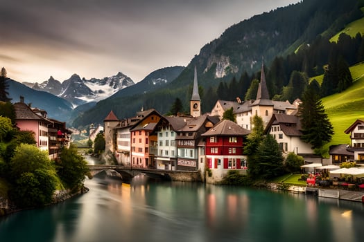 photo wallpaper mountains, river, switzerland, town, houses, village, switzerland, euro. AI-Generated
