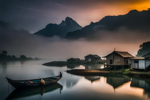 photo wallpaper the sky, mountains, boat, water, the mountains, the sky, the mountains. AI-Generated