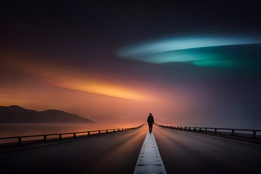 a man standing on the road looking at the sky. AI-Generated photo