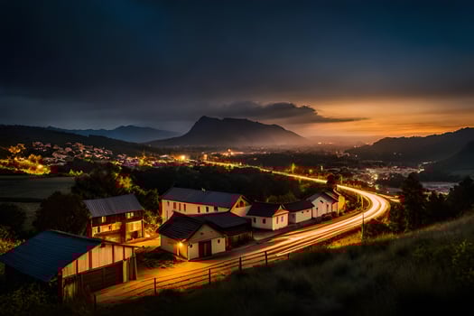 a town at night with a mountain range in the background. AI-Generated photo