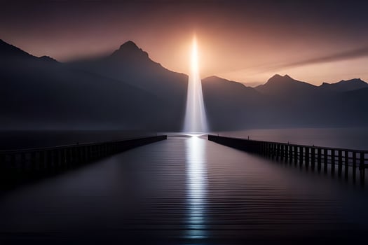 a long pier with a light shining into the sky. AI-Generated photo
