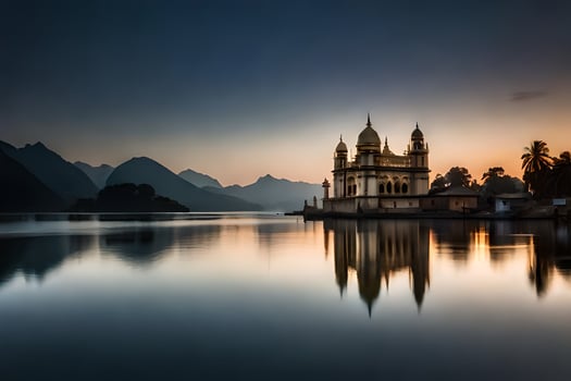 a church in the middle of a lake at sunset. AI-Generated photo