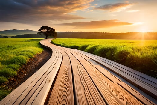 a wooden path leads to a tree in the middle of a field. AI-Generated photo