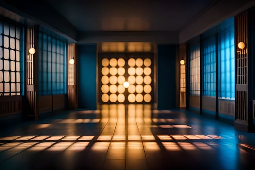 a hallway with light shining through the windows. AI-Generated photo