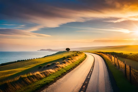 a road with a sunset in the distance. AI-Generated photo