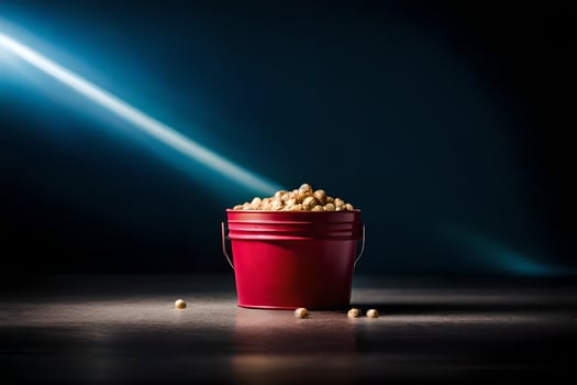 a red bucket filled with peanuts on a dark table. AI-Generated photo
