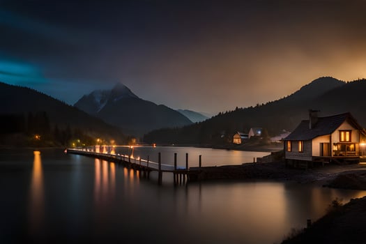 a lake and a house at night. AI-Generated photo