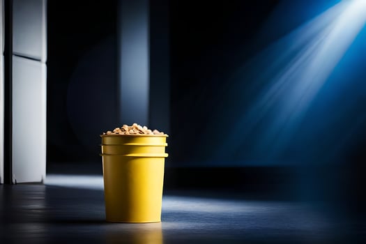 a yellow bucket of popcorn on a dark floor. AI-Generated photo