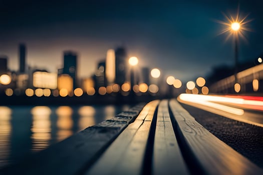 a city at night with lights on the water. AI-Generated photo