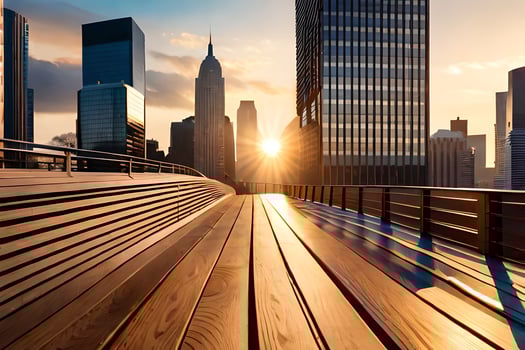a wooden walkway in front of a city skyline. AI-Generated photo