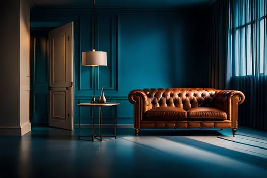 a leather sofa in a room with blue walls. AI-Generated photo