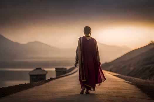 a woman in a sari walks down a road at sunset. AI-Generated photo