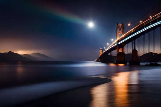 the golden gate bridge at night with a rainbow. AI-Generated photo