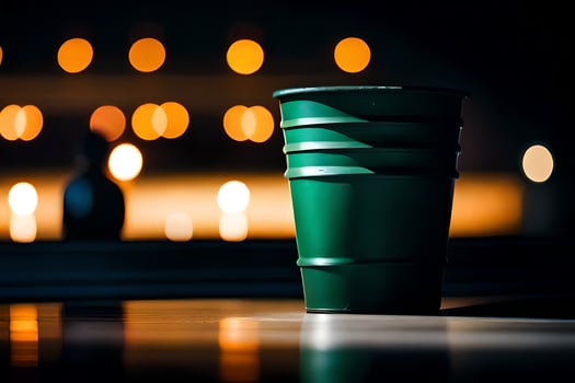 a green cup sitting on a table in front of a lit window. AI-Generated photo