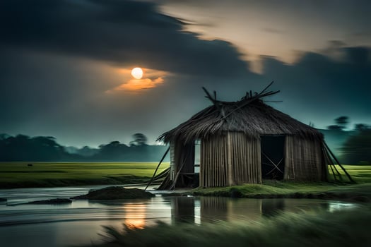 a hut sits on the edge of a river with a full moon in the background. AI-Generated photo