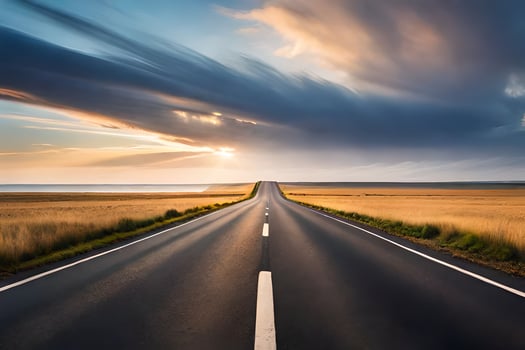 an empty road stretches into the distance at sunset. AI-Generated photo