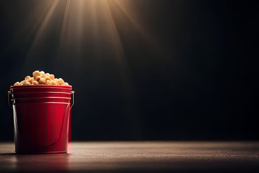a bucket of popcorn on a table. AI-Generated photo