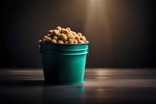 a bucket filled with peanuts on a table. AI-Generated photo