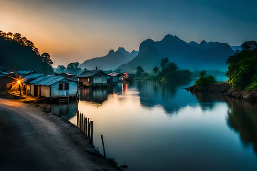 a river in the mountains with houses and mountains in the background. AI-Generated photo