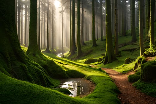 a path through a forest with mossy trees. AI-Generated photo