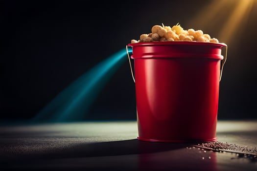 a bucket of popcorn on a dark table. AI-Generated photo