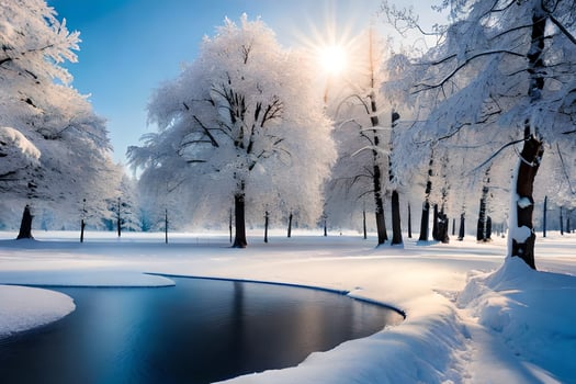 winter landscape with snow covered trees and a pond. AI-Generated photo