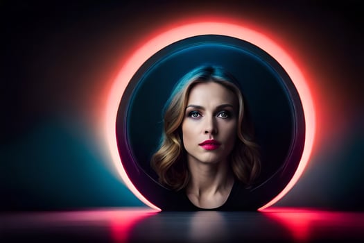 a woman in a round mirror with neon lights. AI-Generated photo