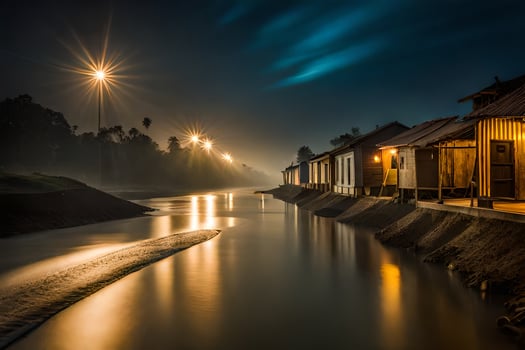 a river at night with houses and lights. AI-Generated photo