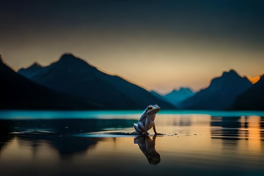 a dog standing on the edge of a lake at sunset. AI-Generated photo