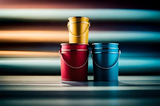 three colorful buckets on a table with a blurred background. AI-Generated photo