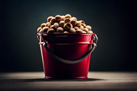 a red bucket filled with peanuts on a dark background. AI-Generated photo
