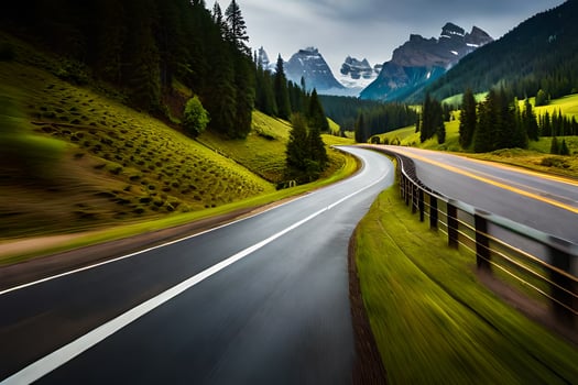 a road in the mountains with trees and mountains in the background. AI-Generated photo