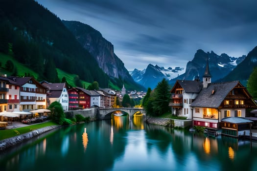 photo wallpaper the sky, mountains, river, houses, switzerland, alpine village, sw. AI-Generated