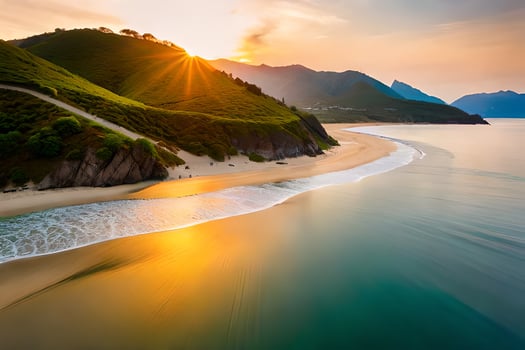 the sun sets over a beach and mountains. AI-Generated photo