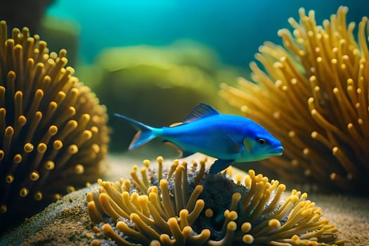 a blue fish is standing on top of an anemon. AI-Generated photo