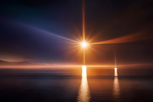 the sun is shining over the water in the middle of a lake. AI-Generated photo