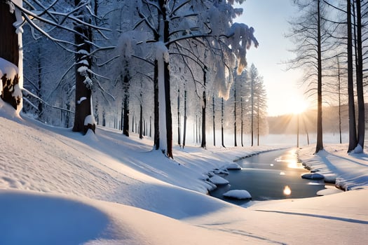 a snowy forest with a stream and trees. AI-Generated photo