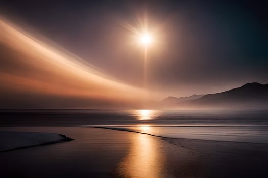the sun shines over the ocean and mountains. AI-Generated photo