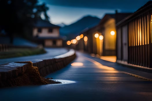 a long, empty road at night with lights on. AI-Generated photo